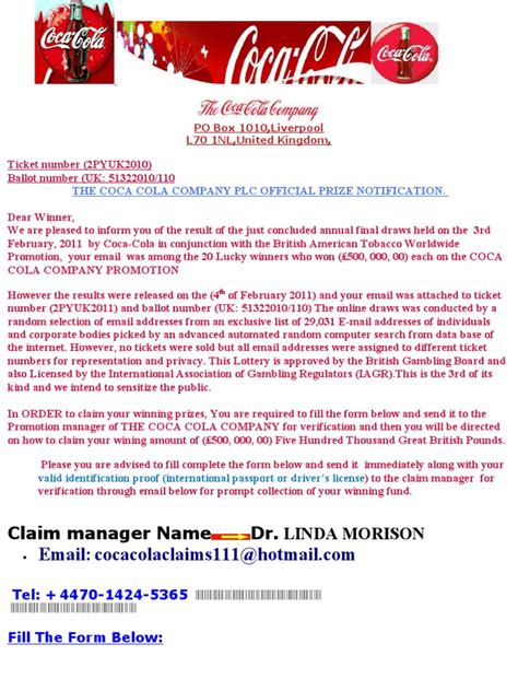 coca cola lottery scam|I received a notification from Coca.